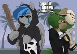 Size: 1570x1103 | Tagged: safe, artist:littlebibbo, derpibooru import, oc, oc:ame, oc:bibbo, unofficial characters only, earth pony, pegasus, pony, baseball bat, clothes, duo, female, freckles, friday the 13th, ghostface, grand theft auto, gta v, gun, handgun, hockey mask, holding, hoodie, jacket, jason voorhees, lidded eyes, looking down, mare, mask, reloading, scream mask, weapon