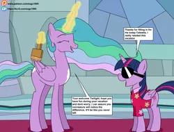 Size: 4513x3429 | Tagged: safe, artist:eagc7, derpibooru import, princess celestia, twilight sparkle, twilight sparkle (alicorn), alicorn, pony, the last problem, brush, clothes, comic, dialogue, disguise, duo, duo female, female, hawaiian shirt, ko-fi, mare, paint, paint on fur, patreon, plot twist, shade, shirt, text, that explains everything, throne room, what a twist