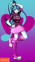 Size: 576x1000 | Tagged: safe, artist:srasomeone, derpibooru import, sonata dusk, equestria girls, blue background, boots, bracelet, breasts, busty sonata dusk, clothes, cutie mark background, female, gem, gradient background, hand on hip, jacket, latex, looking at you, microphone, patreon, platform shoes, pose, purple background, raised leg, shiny, shoes, simple background, siren gem, skirt, smiling, smirk, solo, spiked wristband, watermark, wristband