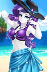 Size: 800x1237 | Tagged: safe, artist:racoonsan, color edit, deleted from derpibooru, derpibooru import, edit, editor:drakeyc, rarity, equestria girls, equestria girls series, forgotten friendship, arm behind head, armpits, beach, beach babe, beautiful, belly button, breasts, clothes, cloud, colored, ear piercing, earring, female, geode of shielding, hat, jewelry, looking at you, magical geodes, midriff, nail polish, necklace, piercing, sarong, sexy, skin color edit, sky, smiling, solo, stupid sexy rarity, sun hat, swimsuit, water