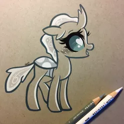 Size: 2038x2048 | Tagged: artist:emberslament, blushing, changeling, colored pencil drawing, colored pencils, cute, derpibooru import, diaocelles, female, heart eyes, object(s) on paper, ocellus, open mouth, photo, safe, simple background, traditional art, wingding eyes
