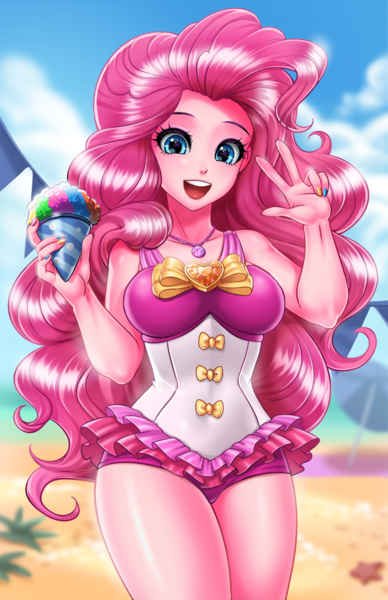 Size: 800x1237 | Tagged: safe, artist:racoonsan, color edit, derpibooru import, edit, editor:drakeyc, pinkie pie, equestria girls, equestria girls series, too hot to handle, adorasexy, anime, beach, beach babe, beautiful, bow swimsuit, clothes, colored, curvy, cute, diapinkes, female, frilled swimsuit, geode of sugar bombs, jewelry, looking at you, magical geodes, nail polish, necklace, one-piece swimsuit, open mouth, peace sign, pink swimsuit, ponk, sexy, skin color edit, smiling, snowcone, solo, standing, stupid sexy pinkie, swimsuit, thighs, tricolor swimsuit