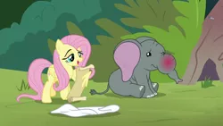 Size: 1920x1080 | Tagged: safe, derpibooru import, screencap, angel bunny, fluttershy, muriel, elephant, pegasus, pony, she talks to angel, baby elephant, body swap, duo, female, frown, indifferent, lidded eyes, list, male, mare, not fluttershy, pleased, raised eyebrow, reading, smiling, smirk, swollen, wing hold