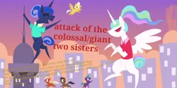 Size: 2160x1080 | Tagged: safe, artist:calebtyink, derpibooru import, edit, edited screencap, screencap, princess celestia, princess luna, alicorn, pegasus, pony, between dark and dawn, city, female, giant pony, giantess, giantlestia, macro, mega luna, micro, pointy ponies, red eyes, title card