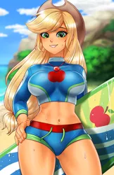 Size: 800x1237 | Tagged: safe, artist:racoonsan, color edit, derpibooru import, edit, editor:drakeyc, applejack, equestria girls, equestria girls series, forgotten friendship, abs, adorasexy, applejack's hat, applejacked, beach, belly button, big breasts, breasts, busty applejack, clothes, colored, cowboy hat, cute, female, freckles, geode of super strength, hat, jackabetes, jewelry, looking at you, magical geodes, midriff, muscles, necklace, ocean, sand, sexy, skin color edit, solo, stupid sexy applejack, surfboard, swimsuit, thighs
