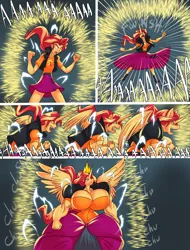 Size: 2460x3240 | Tagged: suggestive, artist:thebigbadwolf01, derpibooru import, sunset shimmer, alicorn, anthro, human, equestria girls, aaaaaaaaaa, alicornified, big breasts, breast expansion, breasts, busty sunset shimmer, clothes, comic, dragon ball z, dress, gown, growth, huge breasts, human to anthro, image, impossibly large breasts, muscle growth, muscles, png, powering up, race swap, shimmercorn, sunset lifter, super saiyan, transformation, transforming clothes, yelling