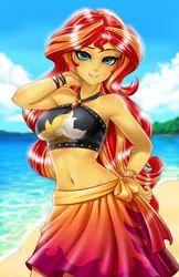 Size: 800x1237 | Tagged: safe, artist:racoonsan, color edit, derpibooru import, edit, editor:drakeyc, sunset shimmer, equestria girls, equestria girls series, forgotten friendship, adorasexy, armpits, beach, beach babe, beautiful, beautisexy, belly button, bikini, bikini babe, black swimsuit, bracelet, breasts, busty sunset shimmer, clothes, cloud, colored, cute, cutie mark swimsuit, female, geode of empathy, hand on hip, jeweled swimsuit, jewelry, looking at you, magical geodes, midriff, necklace, praise the sunset, sand, sarong, sexy, shimmerbetes, skin color edit, sky, sleeveless, smiling, solo, stupid sexy sunset shimmer, summer sunset, sunset selfie, swimsuit, water