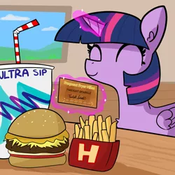 Size: 2250x2250 | Tagged: safe, artist:tjpones, derpibooru import, twilight sparkle, twilight sparkle (alicorn), alicorn, pony, burger, cute, drink, eyes closed, female, food, french fries, glowing horn, hay burger, high res, horn, levitation, magic, mare, pun, smiling, solo, solo jazz, telekinesis, this will end in weight gain, twiabetes, twilight burgkle