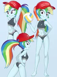 Size: 950x1280 | Tagged: suggestive, artist:ta-na, artist:ta-na edits, derpibooru import, edit, rainbow dash, equestria girls, 2 handfuls of dem hips, abs, arm behind head, armpits, barefoot, baseball cap, beach ball, belly button, blacked, blue background, branded hem, breasts, butt, cap, clothes, delicious flat chest, feet, female, hat, image, legs, looking at you, looking back, looking back at you, looking down, looking over shoulder, maga hat, make america great again, midriff, png, politics, rainbow flat, rainbutt dash, sexy, simple background, smiling, sports, swimsuit, toes, volleyball