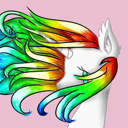 Size: 500x500 | Tagged: safe, artist:prismicdiamondart, derpibooru import, oc, oc:prismatic spectrum rainbow, unofficial characters only, pony, unicorn, bust, ear fluff, female, horn, mare, multicolored hair, rainbow hair, simple background, solo, unicorn oc, windswept mane