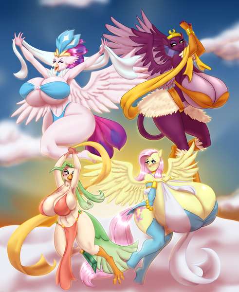 Size: 2453x3000 | Tagged: suggestive, artist:blues64, artist:marauder6272, derpibooru import, captain celaeno, fluttershy, queen novo, sphinx (character), anthro, bat pony, bird, classical hippogriff, hippogriff, parrot, parrot pirates, pegasus, sphinx, my little pony: the movie, armpits, big breasts, breasts, busty captain celaeno, busty fluttershy, busty queen novo, busty sphinx (character), cloud, female, flutterbat, huge breasts, hyper, hyper breasts, impossibly large breasts, milf, pirate, race swap, smiling