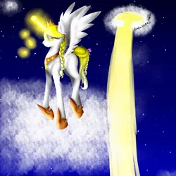 Size: 2550x2550 | Tagged: safe, artist:prismicdiamondart, derpibooru import, oc, oc:chrysoberyl, unofficial characters only, alicorn, pony, alicorn oc, cloud, eyelashes, female, flower, flower in hair, glowing horn, hoof shoes, horn, mare, night, on a cloud, peytral, solo, speedpaint available, stars, wings