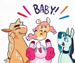 Size: 1024x851 | Tagged: safe, artist:babypaste, derpibooru import, applejack, coloratura, pinkie pie, oc, oc:splat pie, earth pony, pony, alternate design, applepie, baby, baby pony, cute, family, female, filly, freckles, height difference, image, jpeg, lesbian, magical lesbian spawn, magical threesome spawn, mare, multiple parents, offspring, parent:applejack, parent:coloratura, parent:pinkie pie, parents:rarajackpie, polyamory, rara, rarajack, rarajackpie, rarapie, shipping, simple background, twitterina design, white background