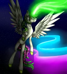 Size: 1140x1251 | Tagged: safe, artist:prismicdiamondart, derpibooru import, oc, oc:emerald, unofficial characters only, alicorn, pony, alicorn oc, aurora borealis, colored hooves, female, flying, glowing horn, horn, laurel wreath, mare, night, solo, speedpaint available, stars, wings