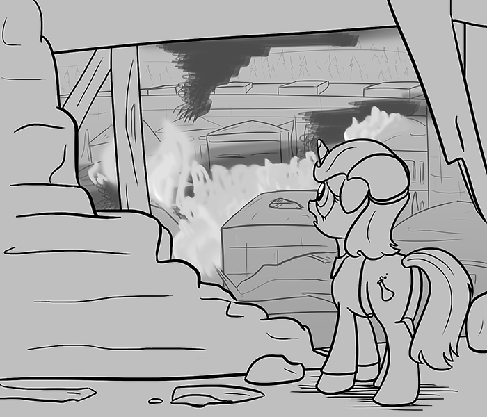 Size: 700x600 | Tagged: safe, artist:sirvalter, derpibooru import, oc, oc:professor beaker, unofficial characters only, pony, unicorn, fanfic, fanfic:steyblridge chronicle, black and white, clothes, disaster, fanfic art, female, fire, floppy ears, grayscale, hooves, horn, illustration, lab coat, mare, monochrome, open mouth, research institute, ruins, scientist, solo