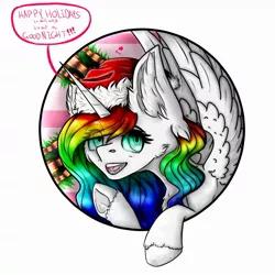 Size: 1280x1280 | Tagged: safe, artist:prismicdiamondart, derpibooru import, oc, oc:prismatic spectrum rainbow, unofficial characters only, alicorn, pony, alicorn oc, bust, christmas, christmas wreath, eye clipping through hair, eyelashes, female, frog (hoof), happy holidays, hat, holiday, horn, mare, santa hat, solo, talking, underhoof, waving, wings, wreath