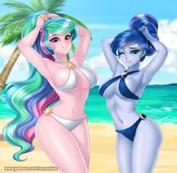Size: 1000x975 | Tagged: suggestive, alternate version, artist:racoonsan, color edit, derpibooru import, edit, editor:drakeyc, princess celestia, princess luna, human, between dark and dawn, equestria girls, absolute cleavage, adorasexy, alternate hairstyle, anime, armpits, beach, beach babe, belly button, big breasts, bikini, bikini babe, blushing, bocas top, breasts, busty princess celestia, busty princess luna, cleavage, clothes, colored, cute, cutelestia, duo, female, hair bun, huge breasts, humanized, lunabetes, mare, multicolored hair, nail polish, ocean, open mouth, palm tree, praise the sun, royal sisters, sexy, siblings, sisters, skin color edit, stupid sexy celestia, stupid sexy luna, swimsuit, tree, wall of tags, winged humanization, wings