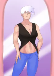 Size: 1448x2048 | Tagged: artist:annon, clothes, cyoa, derpibooru import, female, gilda, human, humanized, jeans, mirror, muscles, muscular female, pants, safe, skinny jeans, sleeveless, solo