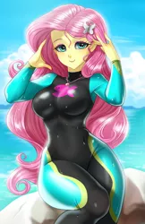 Size: 800x1237 | Tagged: safe, artist:racoonsan, color edit, derpibooru import, edit, editor:drakeyc, fluttershy, bat pony, equestria girls, equestria girls series, forgotten friendship, adorasexy, anime, barrette, beach, beach babe, beautiful, big breasts, blushing, breasts, busty fluttershy, clothes, cloud, colored, curvy, cute, equestria girls outfit, eyeshadow, female, flutterbat, geode of fauna, hairclip, hairpin, jewelry, looking at you, magical geodes, makeup, necklace, race swap, sexy, shyabetes, sitting, skin color edit, skintight clothes, smiling, solo, stupid sexy fluttershy, swimsuit, wet, wetsuit
