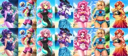 Size: 3500x1546 | Tagged: safe, alternate version, artist:racoonsan, color edit, derpibooru import, edit, editor:drakeyc, applejack, fluttershy, pinkie pie, rainbow dash, rarity, sci-twi, sunset shimmer, twilight sparkle, bat pony, human, equestria girls, equestria girls series, forgotten friendship, too hot to handle, abs, adorasexy, applejack's hat, applejacked, arm behind head, armpits, barrette, beach, beach babe, beautiful, beautisexy, belly button, big breasts, bikini, bikini babe, black swimsuit, blushing, board shorts, book, bow swimsuit, bracelet, breasts, busty applejack, busty fluttershy, busty sunset shimmer, clothes, cloud, collection, colored, comparison, compilation, cowboy hat, curvy, cute, cutie mark swimsuit, delicious flat chest, ear piercing, earring, equestria girls edit, equestria girls outfit, eyeshadow, female, fit, flutterbat, freckles, frilled swimsuit, geode of empathy, geode of fauna, geode of shielding, geode of sugar bombs, geode of super strength, geode of telekinesis, glasses, hairclip, hairpin, hand on hip, hat, human coloration, humane five, humane seven, humane six, humanized, jeweled swimsuit, jewelry, looking at you, magical geodes, makeup, midriff, muscles, nail polish, necklace, ocean, one-piece swimsuit, open mouth, peace sign, piercing, pink swimsuit, ponk, ponytail, praise the sunset, race swap, rainbow flat, sand, sarong, sexy, sexy egghead, shorts, sitting, skin color edit, skintight clothes, sky, smiling, snowcone, sports, standing, striped swimsuit, stupid sexy applejack, stupid sexy fluttershy, stupid sexy pinkie, stupid sexy rarity, stupid sexy sunset shimmer, summer sunset, sun hat, surfboard, swimsuit, thighs, tricolor swimsuit, volleyball, wall of tags, water, wet, wetsuit