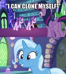 Size: 640x720 | Tagged: safe, derpibooru import, edit, edited screencap, screencap, spike, starlight glimmer, trixie, twilight sparkle, twilight sparkle (alicorn), alicorn, pony, unicorn, all bottled up, every little thing she does, caption, cute, diatrixes, duality, excited, grin, image macro, implied lesbian, implied shipping, implied startrix, library, meme, self ponidox, similo duplexis, smiling, text, twilight's castle, twilight's castle library