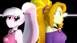 Size: 1280x720 | Tagged: safe, artist:faith-wolff, derpibooru import, adagio dazzle, gloriosa daisy, oc, oc:eventide hymn, fanfic:the bridge, equestria girls, disguise, element of generosity, element of honesty, element of kindness, element of laughter, element of loyalty, element of magic, elements of harmony, fanfic art, geode of telekinesis, jewelry, magical geodes, necklace, shocked expression