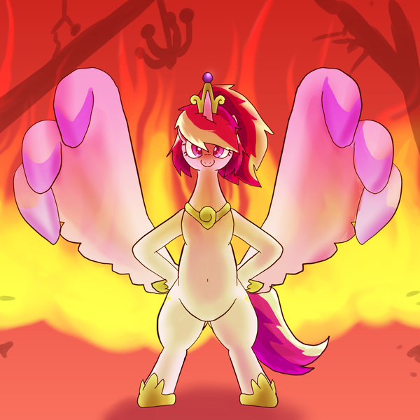 Size: 1000x1000 | Tagged: safe, artist:kushina13, derpibooru import, princess cadance, alicorn, pony, bipedal, female, fire, hooves, hooves on hips, looking at you, mare, messy mane, messy tail, oversized wings, solo, wing hands, wings