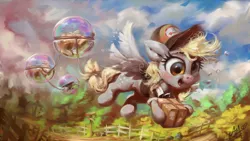 Size: 1920x1080 | Tagged: safe, artist:assasinmonkey, derpibooru import, derpy hooves, pegasus, pony, anvil, bubble, cute, derpabetes, derpy physics, digital art, female, fence, flying, happy, mailmare, mare, open mouth, package, smiling, solo, spread wings, wings