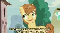 Size: 1280x720 | Tagged: safe, derpibooru import, edit, edited screencap, editor:jaredking203, screencap, feather bangs, earth pony, pony, hard to say anything, caption, image macro, male, meme, stallion, text