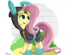 Size: 4096x3154 | Tagged: safe, artist:xxpaw2001xx, derpibooru import, fluttershy, pegasus, pony, bunny ears, clothes, costume, cute, dangerous mission outfit, female, goggles, high res, hoodie, mare, shyabetes, solo
