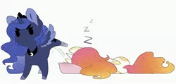 Size: 3723x1769 | Tagged: suggestive, artist:evehly, derpibooru import, princess celestia, princess luna, alicorn, pony, chibi, female, mare, onomatopoeia, peeing on sheets, pillow, pissing, raised leg, royal sisters, sibling rivalry, simple background, sleeping, sound effects, urine, white background, zzz