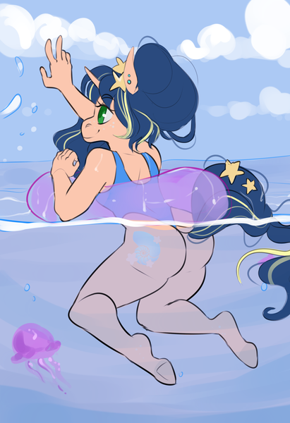 Size: 2673x3906 | Tagged: suggestive, artist:corelle-vairel, derpibooru import, oc, anthro, unicorn, clothes, female, high res, inner tube, mare, one-piece swimsuit, solo, solo female, swimsuit, thong swimsuit