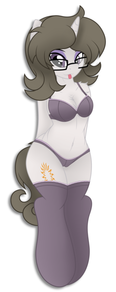 Size: 1931x4857 | Tagged: suggestive, artist:digiqrow, deleted from derpibooru, derpibooru import, oc, oc:solaria, unofficial characters only, pony, semi-anthro, unicorn, :p, belly button, bra, bra on pony, cameltoe, chest fluff, clothes, female, glasses, panties, socks, solo, solo female, stockings, thigh highs, tongue out, underwear