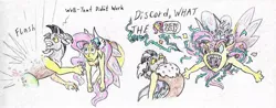 Size: 1024x400 | Tagged: angry, artist:grimmyweirdy, comic:cosmic cosmos, derpibooru import, discord, draconequified, draconequus, flutterequus, fluttershy, fluttershy is not amused, just no, safe, species swap, teleportation, traditional art, unamused, yay