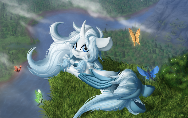 Size: 3200x2000 | Tagged: alicorn, alicorn oc, artist:shido-tara, blue eyes, butterfly, cloud, commission, derpibooru import, grass, horn, lying down, mountain, oc, river, safe, watching in camera, wings, wood