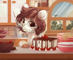 Size: 1887x1552 | Tagged: safe, artist:graypillow, derpibooru import, oc, unofficial characters only, pony, cake, cooking, food, icing bag, kitchen, mouth hold, solo