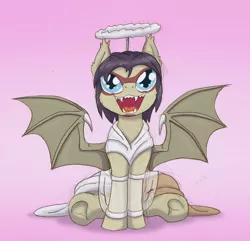 Size: 896x865 | Tagged: safe, artist:ravenpuff, deleted from derpibooru, derpibooru import, oc, oc:mercury hunterborne, bat pony, pony, angel costume, bat pony oc, bat wings, colt, frog (hoof), gradient background, halo, male, sitting, solo, spread wings, underhoof, wings