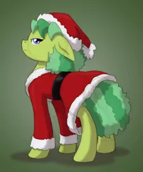 Size: 752x902 | Tagged: safe, artist:ravenpuff, deleted from derpibooru, derpibooru import, oc, oc:atjour service, earth pony, pony, christmas, clothes, costume, earth pony oc, female, floppy ears, frown, gradient background, hat, holiday, mare, santa costume, santa hat, solo, unamused