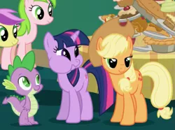 Size: 783x581 | Tagged: safe, derpibooru import, screencap, applejack, lavender fritter, red gala, spike, twilight sparkle, dragon, earth pony, pony, unicorn, friendship is magic, apple family member, cheek bulge, cropped, sweet apple acres, unicorn twilight