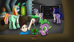 Size: 2377x1348 | Tagged: safe, artist:cactuscowboydan, author:bigonionbean, derpibooru import, spike, oc, oc:princess mythic majestic, oc:princess sincere scholar, oc:queen galaxia, oc:tommy the human, alicorn, dragon, human, pony, alicorn oc, alicorn princess, butt, cactus, canterlot, cauldron, chalkboard, clothes, commissioner:bigonionbean, cute, cutie mark, droplet, equation, female, flank, fusion, fusion:princess mythic majestic, fusion:princess sincere scholar, fusion:queen galaxia, gemstones, glasses, goggles, hair bun, horn, human oc, lab coat, laboratory, magic, male, mare, math, mother and child, mother and son, plant, plot, potion making, potions, vial, wings