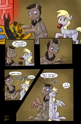 Size: 2050x3151 | Tagged: safe, artist:jitterbugjive, author:bigonionbean, derpibooru import, derpy hooves, doctor whooves, time turner, pegasus, pony, button, collar, comic, commissioner:bigonionbean, concerned, confusion, conjoined, crossover, dialogue, discord whooves, discorded, discorded whooves, doctor who, female, forced, fusion, magic, male, mare, stallion, tardis, tardis console room