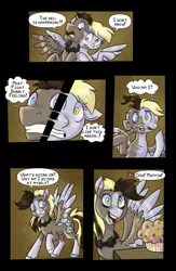 Size: 1280x1968 | Tagged: safe, artist:jitterbugjive, author:bigonionbean, derpibooru import, derpy hooves, doctor whooves, time turner, oc, oc:butter muffin, pegasus, pony, argument, button, collar, comic, commissioner:bigonionbean, concerned, confused, confusion, conjoined, crossover, dialogue, discorded whooves, doctor who, female, food, forced, fused, fusion, fusion:butter muffin, magic, male, mare, merge, muffin, stallion, talking to herself, tardis, we have become one