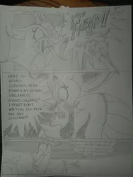 Size: 1944x2592 | Tagged: safe, artist:princebluemoon3, author:bigonionbean, derpibooru import, cosmos (character), discord, oc, draconequus, comic:the chaos within us, argument, black and white, bored, canterlot, canterlot castle, captive, chaos, comic, commissioner:bigonionbean, confused, dialogue, drawing, dream, female, furious, giantess, grayscale, macro, magic, monochrome, night, nightmare, shocked, shocked expression, squeezing, throne room, traditional art, twitch, unamused, yelling