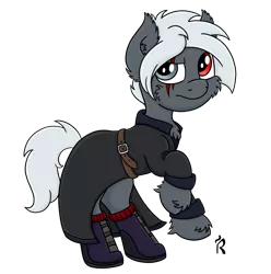 Size: 1280x1291 | Tagged: safe, artist:dawn-designs-art, derpibooru import, oc, oc:steven allen fischer, unofficial characters only, earth pony, pony, boots, clothes, coat, digital art, gray coat, male, rearing, red eye, scar, shoes, silver eyes, silver mane, simple background, solo, stallion, transparent background