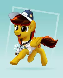 Size: 800x992 | Tagged: safe, artist:jhayarr23, derpibooru import, sunburst, oc, oc:ace swift, pegasus, pony, 2020, cap, clothes, hat, male, ponycon, shirt, solo, stallion