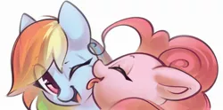 Size: 2402x1194 | Tagged: safe, artist:mirroredsea, derpibooru import, pinkie pie, rainbow dash, earth pony, pegasus, pony, bust, cute, dashabetes, diapinkes, duo, eye clipping through hair, eyes closed, face licking, female, licking, mare, one eye closed, open mouth, portrait, simple background, smiling, tongue out, white background
