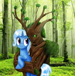 Size: 1000x1018 | Tagged: safe, artist:aprion, derpibooru import, trixie, oc, ent, pony, unicorn, fanfic art, female, forest, hug, lord of the rings, mare, smiling, treant, tree