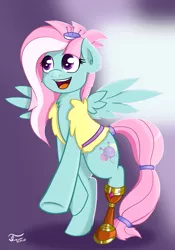 Size: 2100x3000 | Tagged: safe, artist:thunder chaser, derpibooru import, kerfuffle, pegasus, pony, rainbow roadtrip, amputee, belt, chest fluff, clothes, cute, ear fluff, fufflebetes, happy, open mouth, prosthetic limb, prosthetics, simple background, solo, spread wings, vest, wings