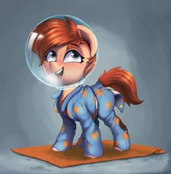 Size: 2840x2893 | Tagged: safe, artist:rexyseven, derpibooru import, oc, oc:rusty gears, unofficial characters only, earth pony, pony, carpet, clothes, female, filly, fishbowl, freckles, helmet, heterochromia, pajamas, simple background, solo