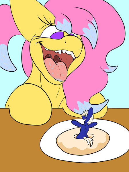 Size: 3024x4032 | Tagged: arms in the air, artist:penandpapernsfw, derpibooru import, donut, drool, female, food, friendship, frosting, imminent vore, mawshot, micro, oc, oc:electric blue, oc:pastry baker, open mouth, pegasus, plate, suggestive, surprised, traditional art, unofficial characters only